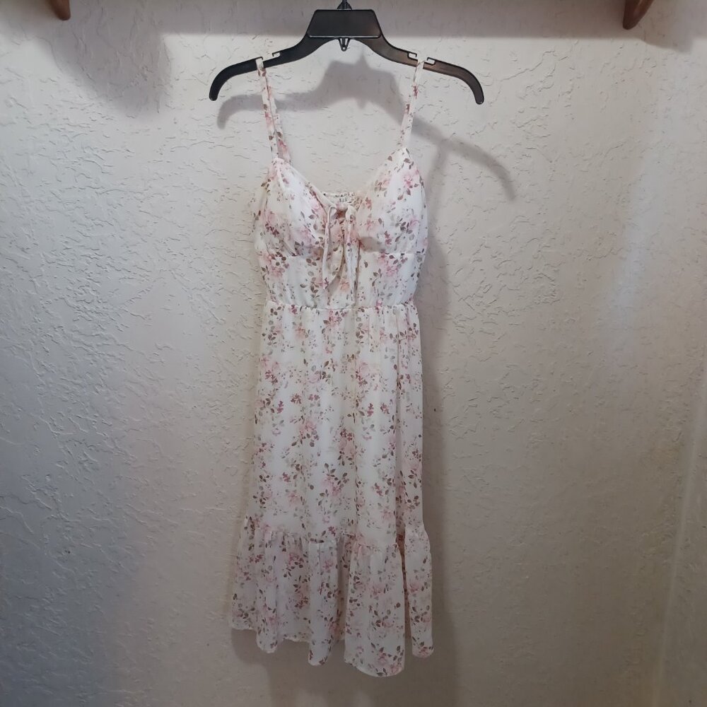 AUW - As U Wish - Floral Midi Dress – Women’s S, Pink Spaghetti Strap Tie-Front